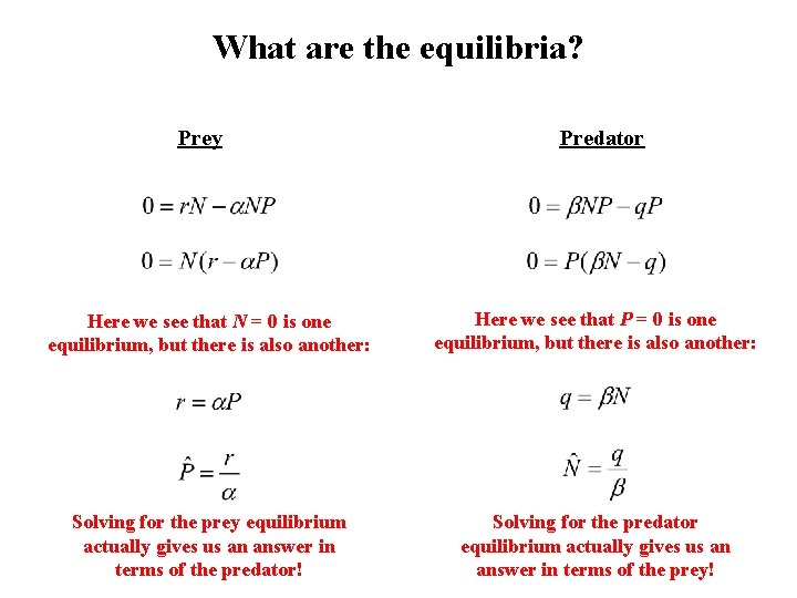 What are the equilibria? Prey Predator Here we see that N = 0 is