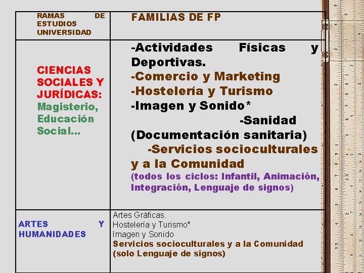 RAMAS DE ESTUDIOS UNIVERSIDAD CIENCIAS SOCIALES Y JURÍDICAS: Magisterio, Educación Social… FAMILIAS DE FP