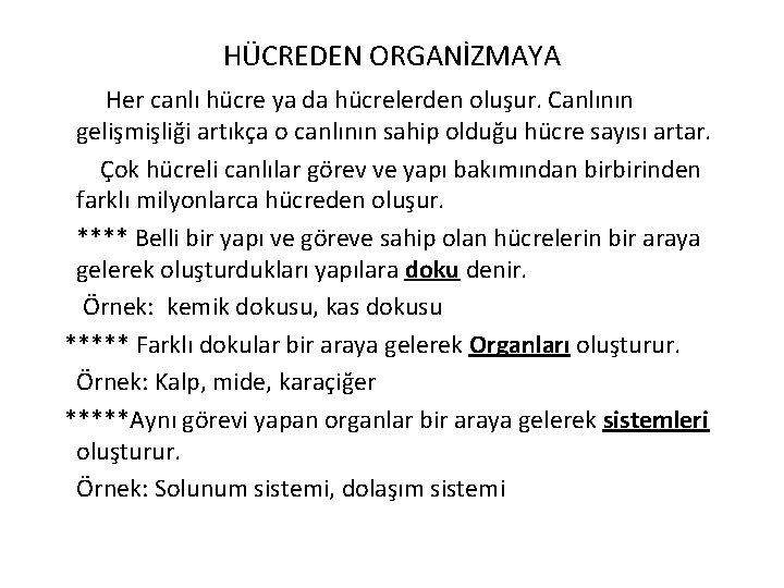 HÜCREDEN ORGANİZMAYA Her canlı hücre ya da hücrelerden oluşur. Canlının gelişmişliği artıkça o canlının