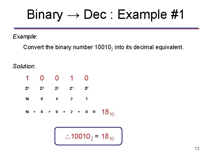 Binary → Dec : Example #1 Example: Convert the binary number 100102 into its Binary → Dec : Example #1 Example: Convert the binary number 100102 into its