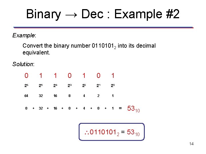 Binary → Dec : Example #2 Example: Convert the binary number 01101012 into its Binary → Dec : Example #2 Example: Convert the binary number 01101012 into its