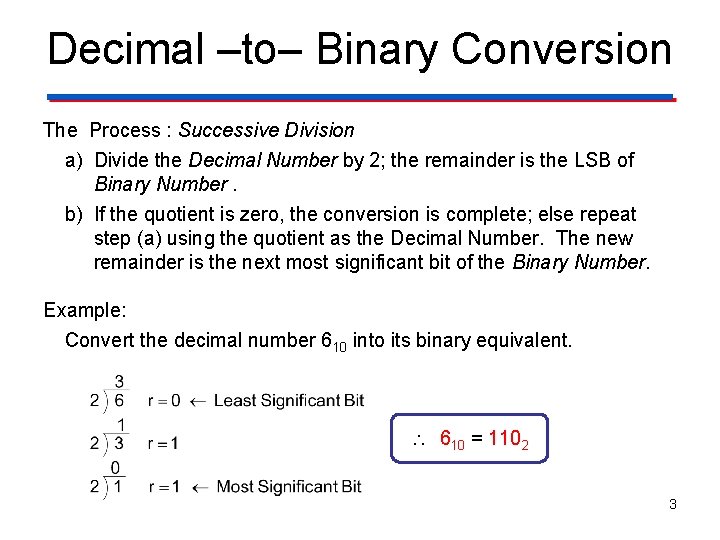 Decimal ‒to‒ Binary Conversion The Process : Successive Division a) Divide the Decimal Number