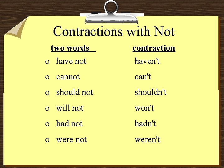 Contractions with Not two words o have not contraction haven't o cannot can't o