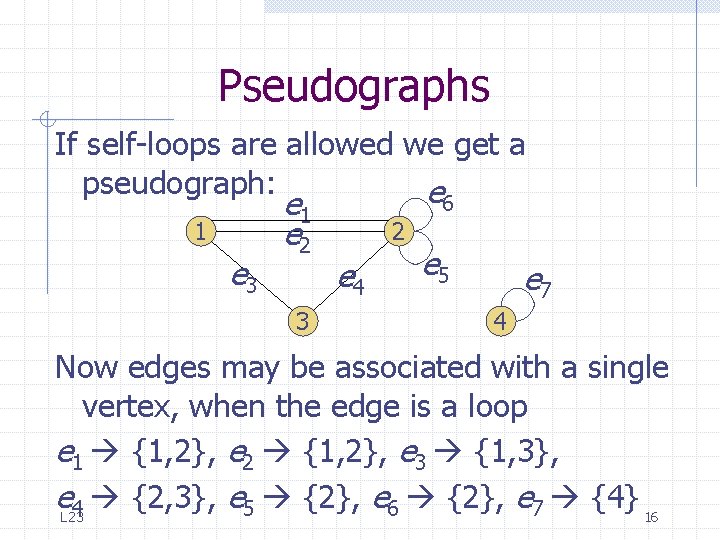 Pseudographs If self-loops are allowed we get a pseudograph: e 1 e 3 e Pseudographs If self-loops are allowed we get a pseudograph: e 1 e 3 e