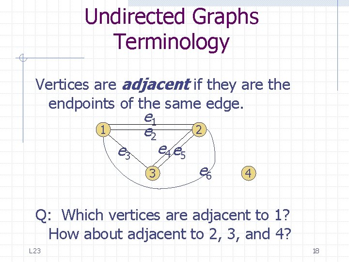 Undirected Graphs Terminology Vertices are adjacent if they are the endpoints of the same Undirected Graphs Terminology Vertices are adjacent if they are the endpoints of the same