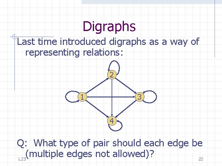 Digraphs Last time introduced digraphs as a way of representing relations: 2 1 3 Digraphs Last time introduced digraphs as a way of representing relations: 2 1 3