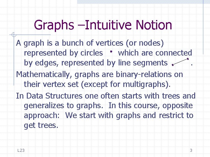 Graphs –Intuitive Notion A graph is a bunch of vertices (or nodes) represented by Graphs –Intuitive Notion A graph is a bunch of vertices (or nodes) represented by