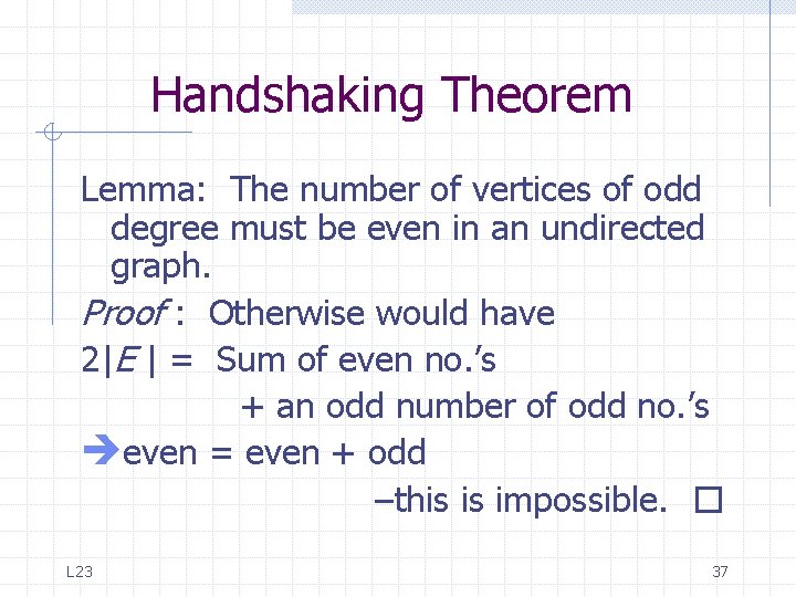Handshaking Theorem Lemma: The number of vertices of odd degree must be even in Handshaking Theorem Lemma: The number of vertices of odd degree must be even in