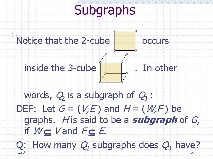 Subgraphs Notice that the 2 -cube occurs inside the 3 -cube . In other Subgraphs Notice that the 2 -cube occurs inside the 3 -cube . In other