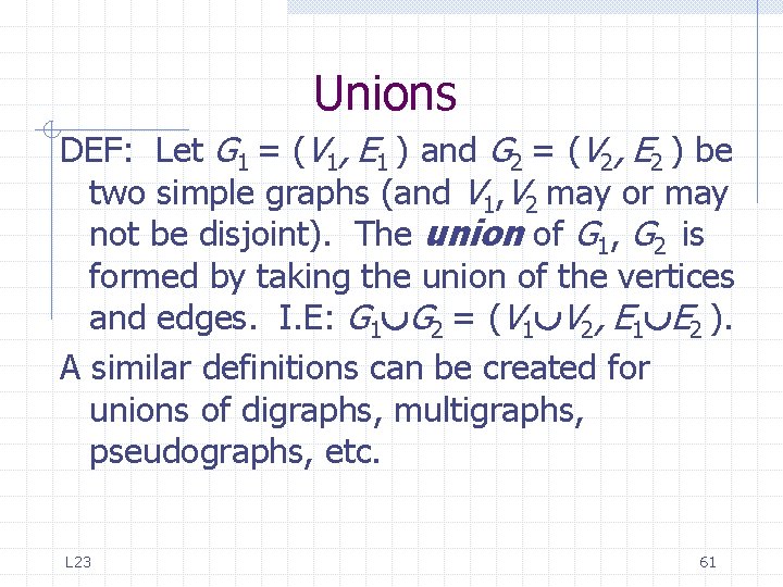 Unions DEF: Let G 1 = (V 1, E 1 ) and G 2 Unions DEF: Let G 1 = (V 1, E 1 ) and G 2