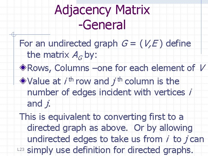 Adjacency Matrix -General For an undirected graph G = (V, E ) define the Adjacency Matrix -General For an undirected graph G = (V, E ) define the