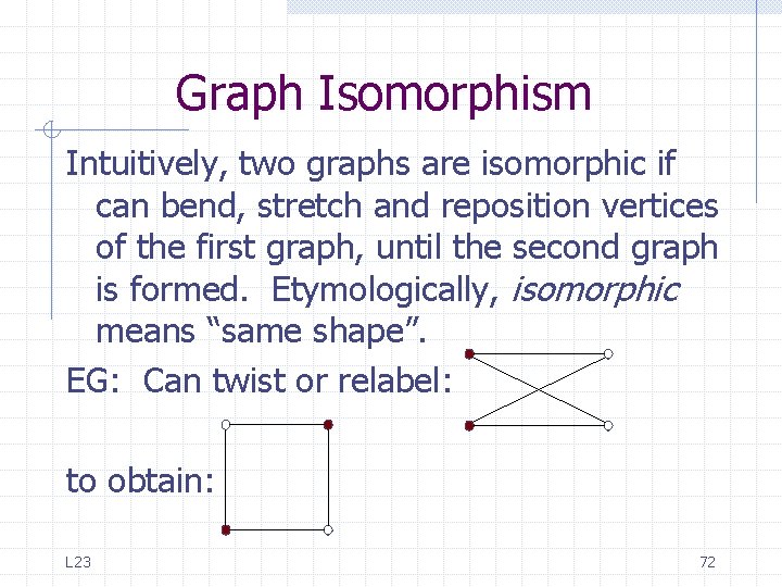Graph Isomorphism Intuitively, two graphs are isomorphic if can bend, stretch and reposition vertices Graph Isomorphism Intuitively, two graphs are isomorphic if can bend, stretch and reposition vertices