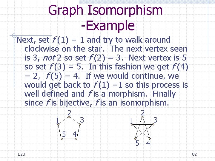 Graph Isomorphism -Example Next, set f (1) = 1 and try to walk around Graph Isomorphism -Example Next, set f (1) = 1 and try to walk around