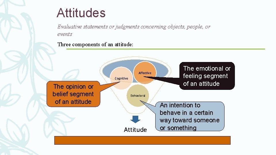 Attitudes Evaluative statements or judgments concerning objects, people, or events Three components of an