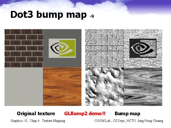 Dot 3 bump map Original texture -9 GLBump 2 demo!! Graphics –U, Chap 4