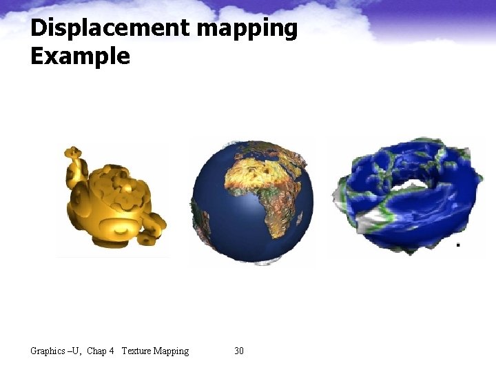 Displacement mapping Example Graphics –U, Chap 4 Texture Mapping 30 