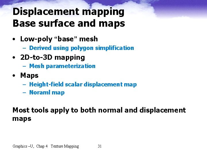 Displacement mapping Base surface and maps • Low-poly “base” mesh – Derived using polygon