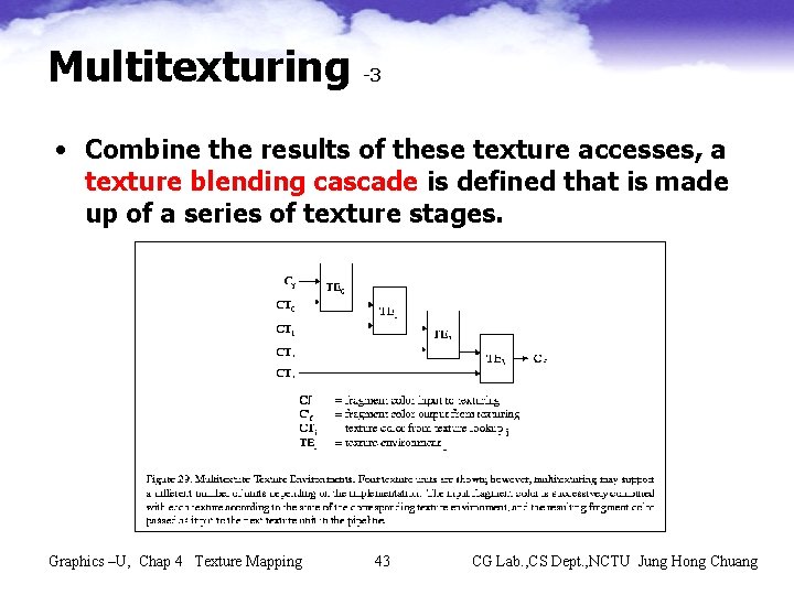 Multitexturing -3 • Combine the results of these texture accesses, a texture blending cascade