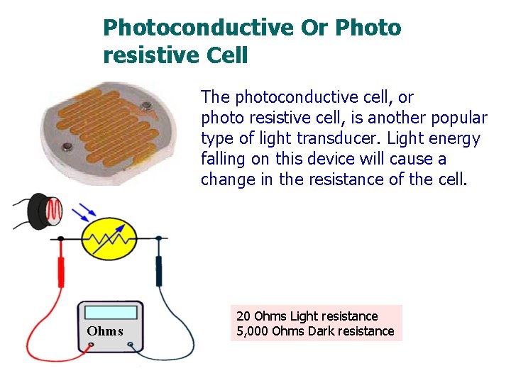 Photoconductive Or Photo resistive Cell The photoconductive cell, or photo resistive cell, is another Photoconductive Or Photo resistive Cell The photoconductive cell, or photo resistive cell, is another