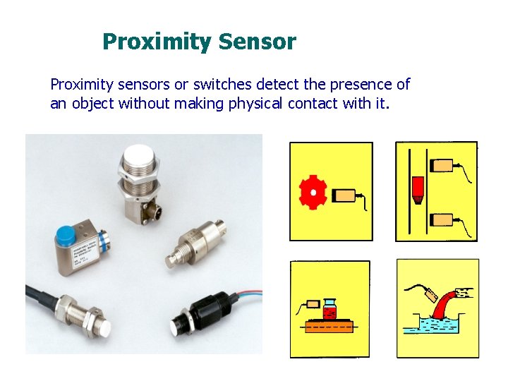 Proximity Sensor Proximity sensors or switches detect the presence of an object without making