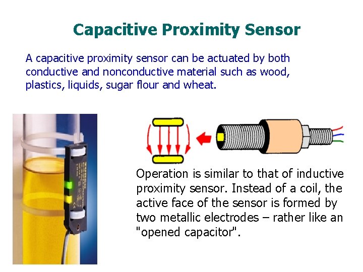 Capacitive Proximity Sensor A capacitive proximity sensor can be actuated by both conductive and