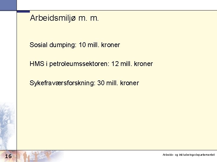 Arbeidsmiljø m. m. Sosial dumping: 10 mill. kroner HMS i petroleumssektoren: 12 mill. kroner