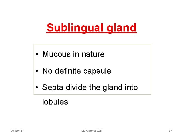Sublingual gland • Mucous in nature • No definite capsule • Septa divide the Sublingual gland • Mucous in nature • No definite capsule • Septa divide the