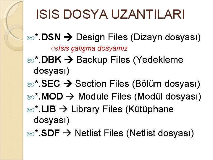 ISIS DOSYA UZANTILARI *. DSN Design Files (Dizayn dosyası) İsis çalışma dosyamız *. DBK