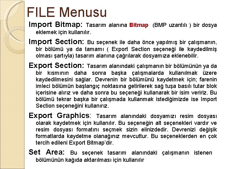 FILE Menusu Import Bitmap: Tasarım alanına Bitmap (BMP uzantılı ) bir dosya eklemek için