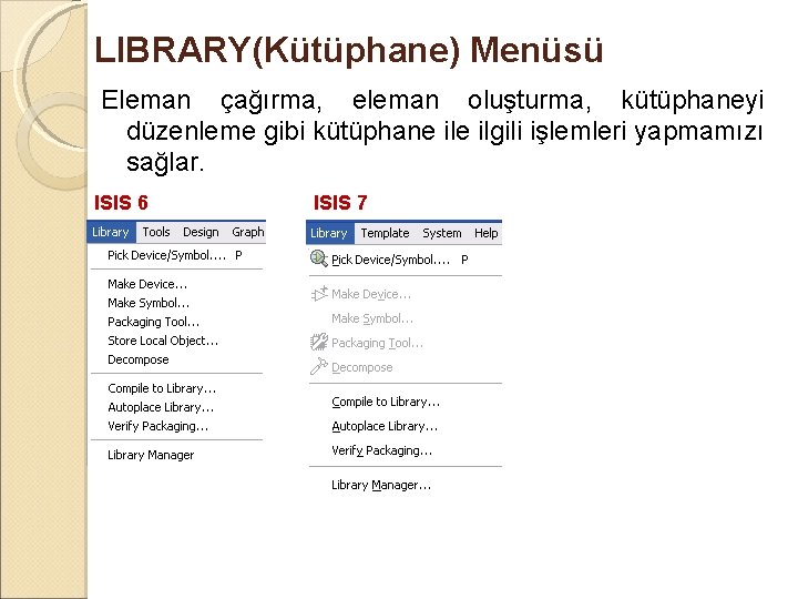 LIBRARY(Kütüphane) Menüsü Eleman çağırma, eleman oluşturma, kütüphaneyi düzenleme gibi kütüphane ilgili işlemleri yapmamızı sağlar.