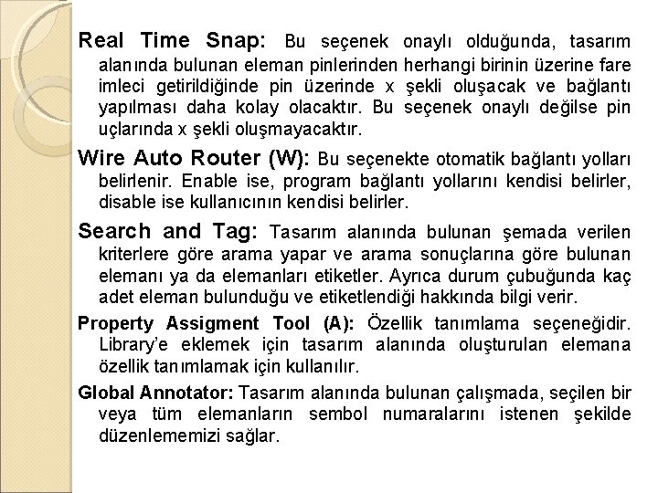 Real Time Snap: Bu seçenek onaylı olduğunda, tasarım alanında bulunan eleman pinlerinden herhangi birinin