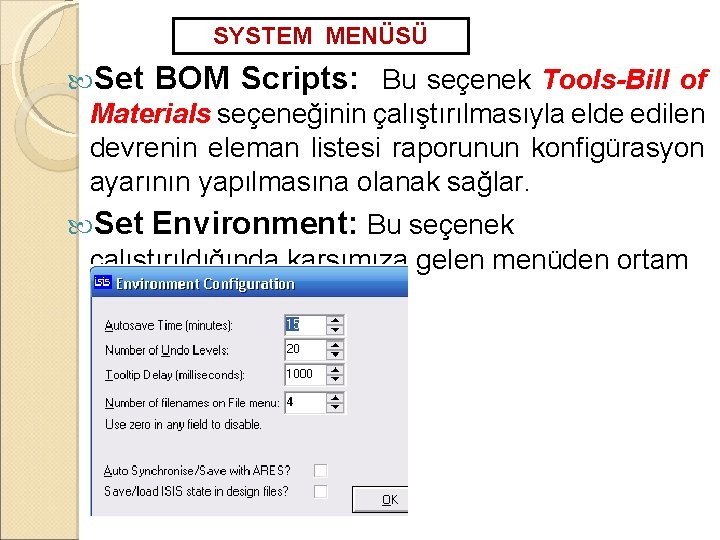 SYSTEM MENÜSÜ Set BOM Scripts: Bu seçenek Tools-Bill of Materials seçeneğinin çalıştırılmasıyla elde edilen
