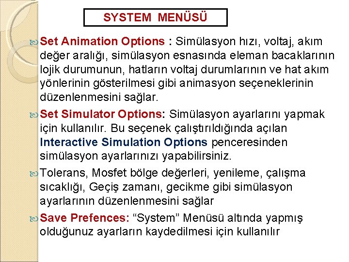 SYSTEM MENÜSÜ Set Animation Options : Simülasyon hızı, voltaj, akım değer aralığı, simülasyon esnasında