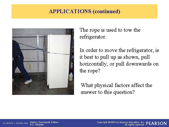 APPLICATIONS (continued) The rope is used to tow the refrigerator. In order to move