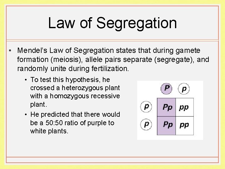 Law of Segregation • Mendel’s Law of Segregation states that during gamete formation (meiosis),