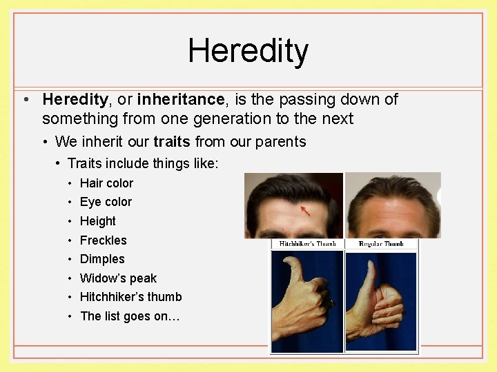 Heredity • Heredity, or inheritance, is the passing down of something from one generation