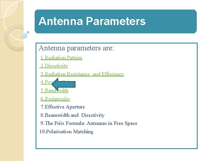 Antenna Parameters Antenna parameters are: 1. Radiation Pattern 2. Directivity 3. Radiation Resistance and