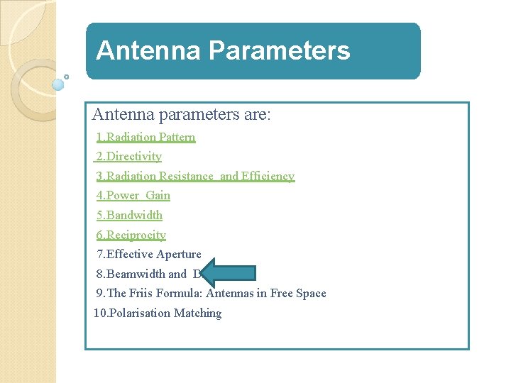 Antenna Parameters Antenna parameters are: 1. Radiation Pattern 2. Directivity 3. Radiation Resistance and