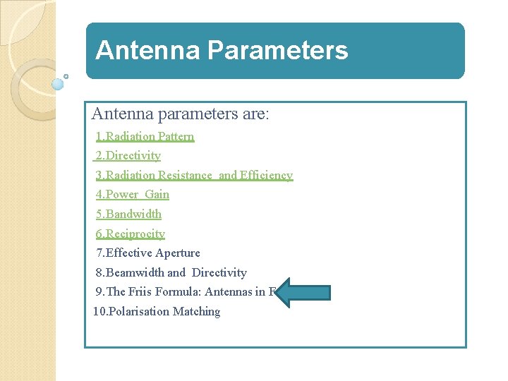 Antenna Parameters Antenna parameters are: 1. Radiation Pattern 2. Directivity 3. Radiation Resistance and