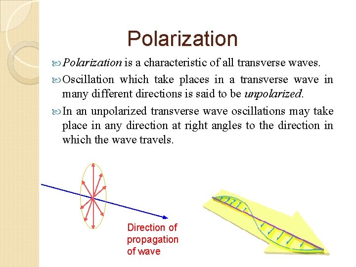 Polarization is a characteristic of all transverse waves. Oscillation which take places in a