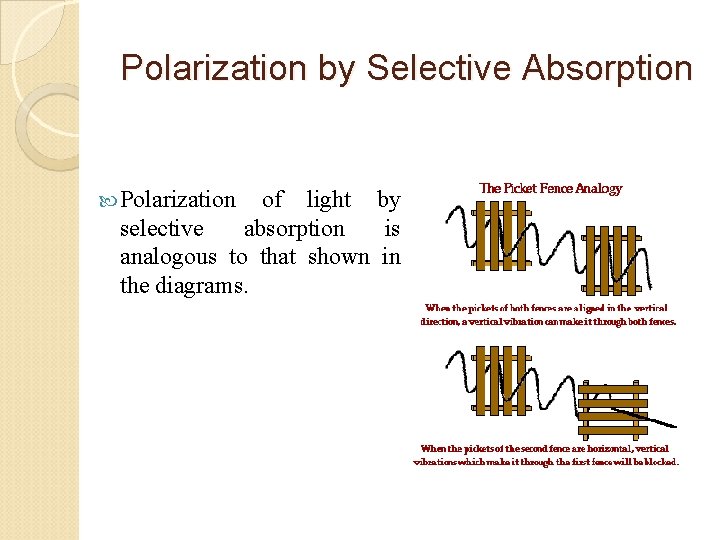 Polarization by Selective Absorption Polarization of light by selective absorption is analogous to that