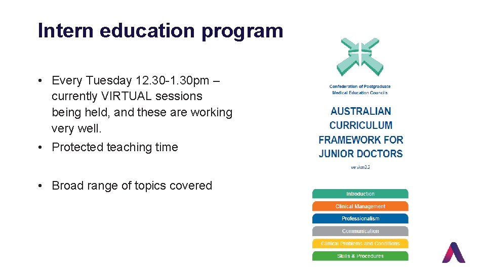 Intern education program • Every Tuesday 12. 30 -1. 30 pm – currently VIRTUAL