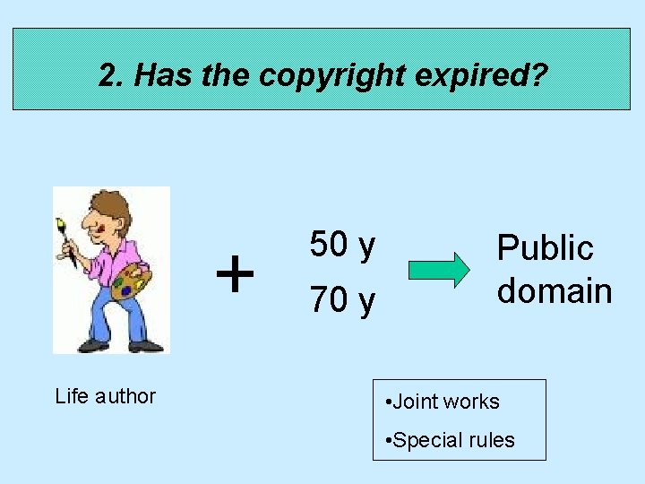 2. Has the copyright expired? + Life author 50 y 70 y Public domain