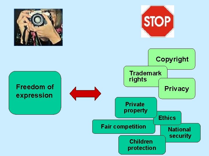Copyright Trademark rights Freedom of expression Privacy Private property Ethics Fair competition Children protection