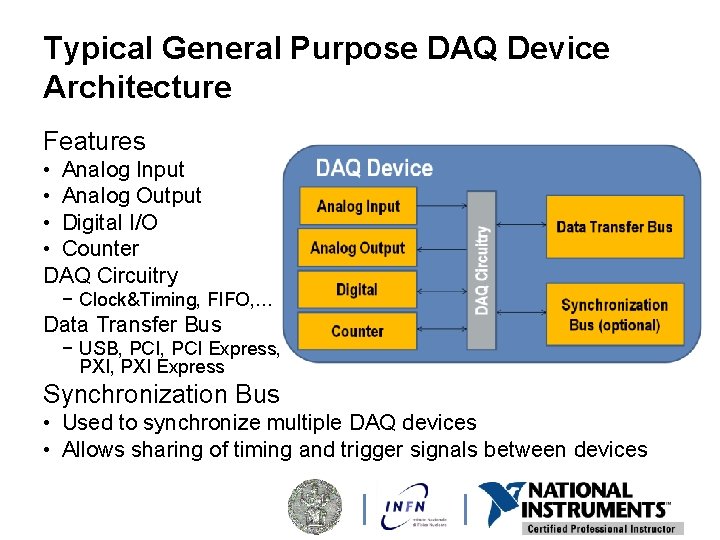 Typical General Purpose DAQ Device Architecture Features • Analog Input • Analog Output •