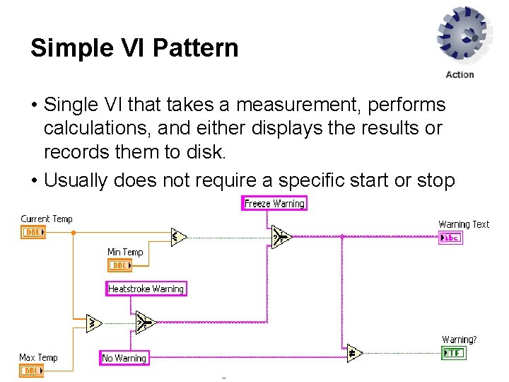 Simple VI Pattern • Single VI that takes a measurement, performs calculations, and either