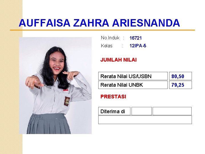 AUFFAISA ZAHRA ARIESNANDA No. Induk : 16721 Kelas 12 IPA-5 : JUMLAH NILAI Rerata