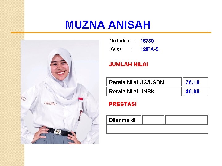 MUZNA ANISAH No. Induk : 16738 Kelas 12 IPA-5 : JUMLAH NILAI Rerata Nilai