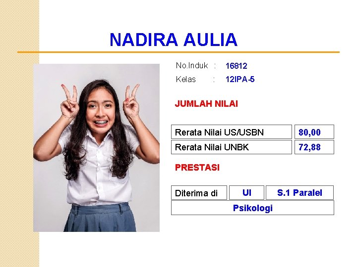 NADIRA AULIA No. Induk : 16812 Kelas 12 IPA-5 : JUMLAH NILAI Rerata Nilai