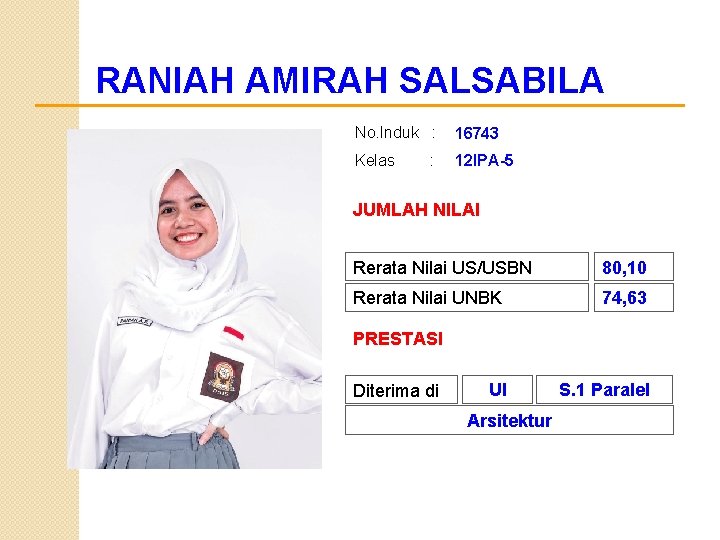 RANIAH AMIRAH SALSABILA No. Induk : 16743 Kelas 12 IPA-5 : JUMLAH NILAI Rerata